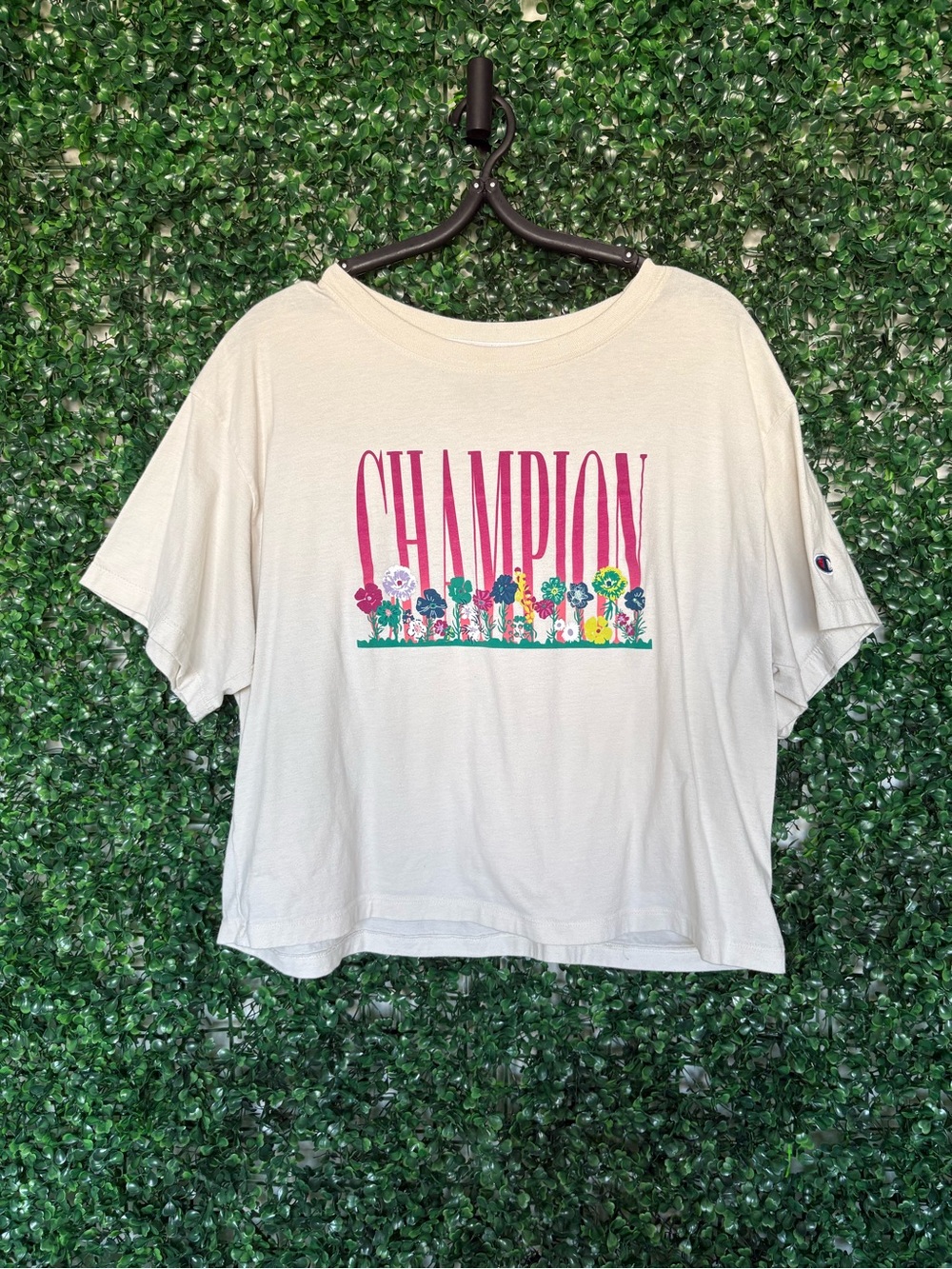 Champion Cream boxy Crop Tee with Pink Floral Logo